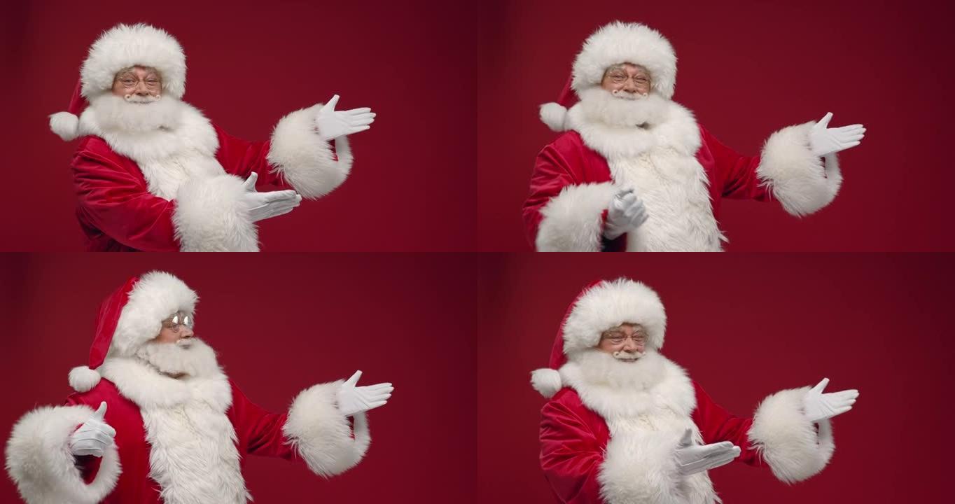 圣诞老人用手展示链接的地方，展示产品有多酷，并竖起大拇指，站在红色背景上