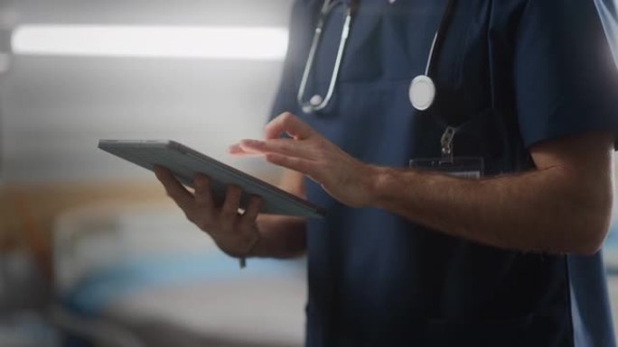 医院病房: 无法识别的护士长，医生，外科医生使用数字平板电脑保健生命体征监控计算机机器。拥有先进设备