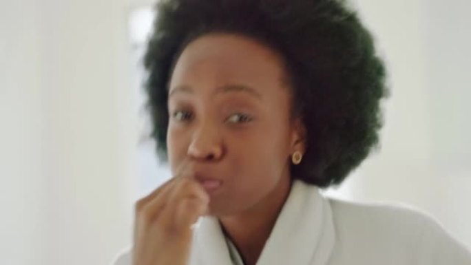 Black woman afro, dancing and brushing teeth in th