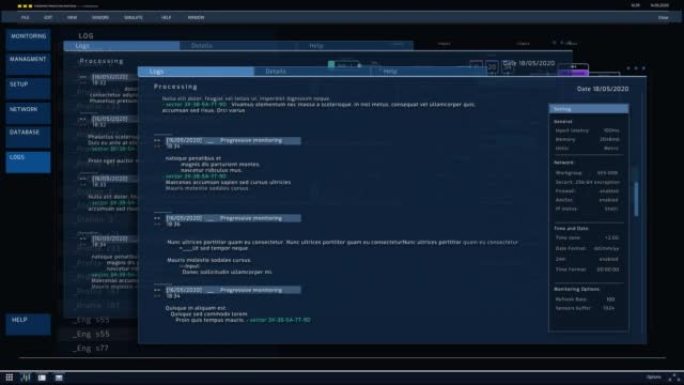 具有分析处理信息图表的先进监控系统。暗夜模式界面。控制室中用于计算机显示器和笔记本电脑屏幕的动画模型