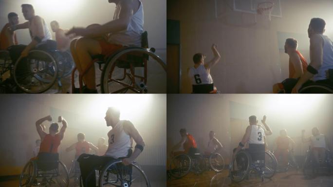 轮椅篮球比赛场地获胜队庆祝胜利，欢呼和击掌。玩家比赛，射击，得分得分。残疾人的决心、技能。慢动作镜头
