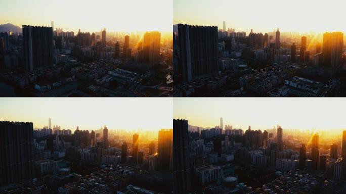 日落时香港城市景观的无人机视图