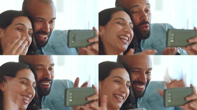 一对夫妇在电话视频通话中吹着吻别，并在家里的虚拟对话中向朋友挥手致意。交流，微笑和快乐的女人与伴侣爱
