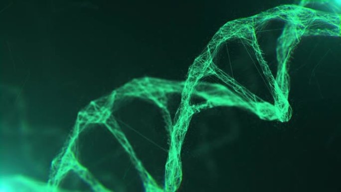 特写绿色分子结构DNA在发光的背景上旋转。明亮的3D动画生物技术DNA模型旋转。基因组信息脱氧核糖核
