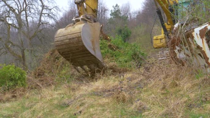 特写: 大型挖掘机捡起装满泥土的桶，干了树枝。