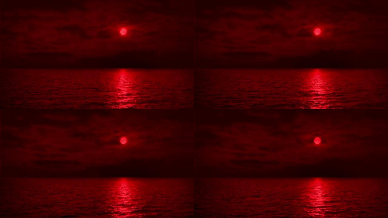 海上的红色月亮惊悚恐怖红色