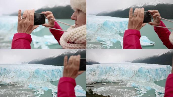 拍摄阿根廷佩里托·莫雷诺冰川的高级游客