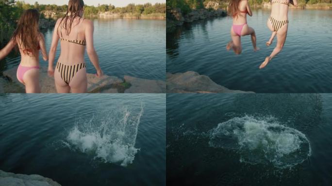 年轻女性从悬崖上潜入湖中