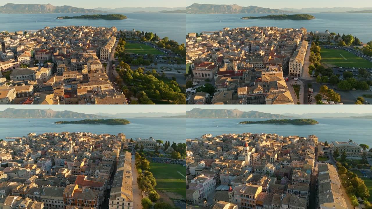 飞越科孚岛Kerkyra的建筑物，公园和海洋。希腊科孚岛首府Kerkyra的空中早晨拍摄