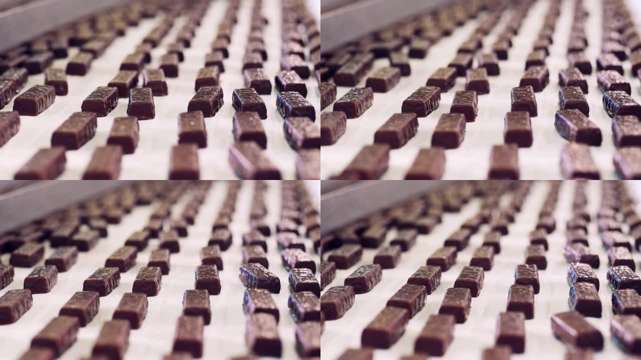 覆盖着巧克力的糖果正在沿着工厂带移动。工厂设备，糖果工业制造。