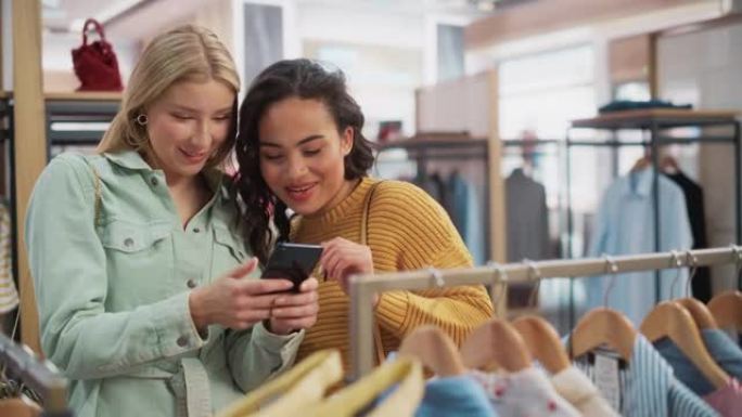 两个漂亮的女性朋友在服装店购物，使用智能手机，在线浏览，在互联网上比较。顾客选择衣服。时尚的商店，多