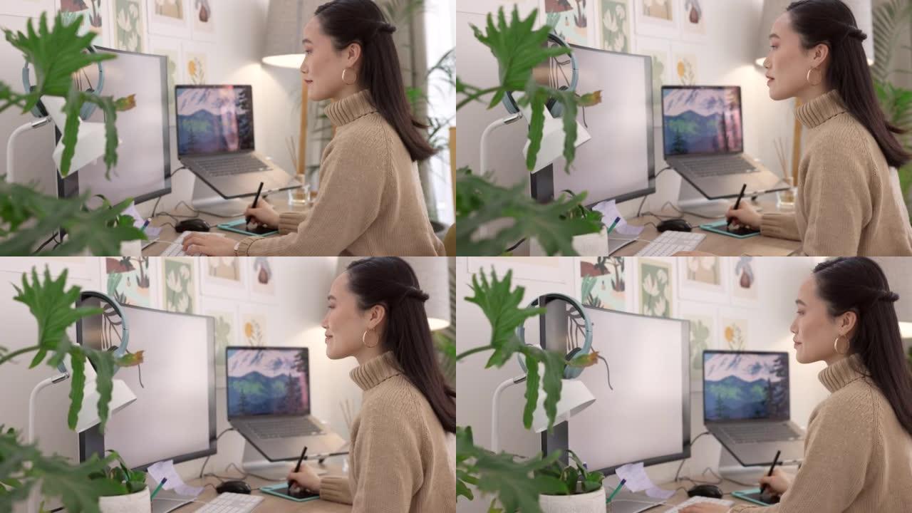 与一位女设计师一起在办公室的计算机上进行修饰，编辑和创意。创意，编辑和图形设计与一名女员工一起从事生
