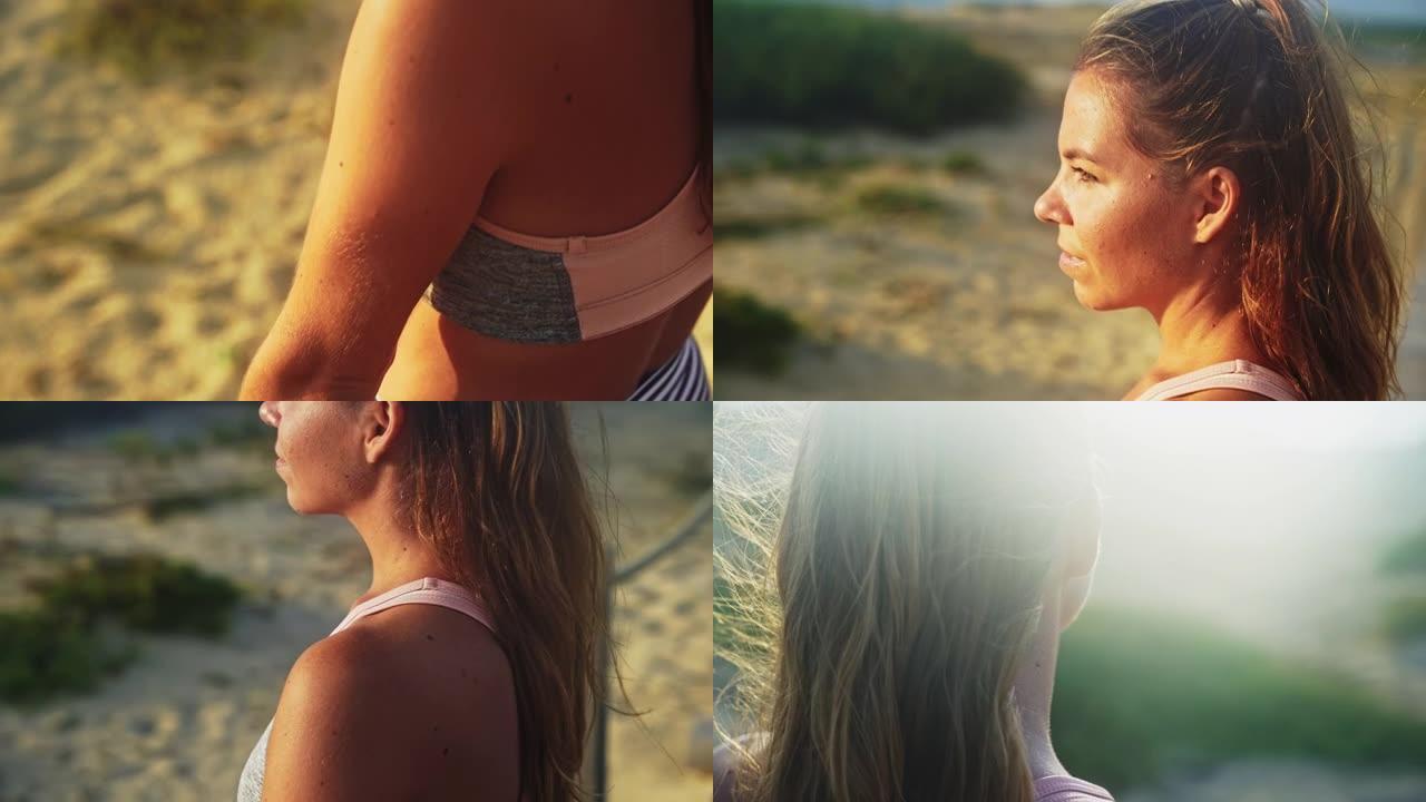慢动作，健美女运动员在海上欣赏日落的特写镜头