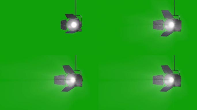 绿色屏幕上带有反射器动画的专业舞台灯，照明设备的设计元素，带有镜头耀斑的移动和转向工作室电影聚光灯投