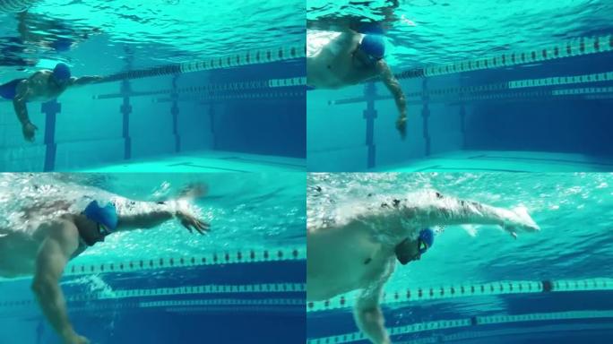 水下射击: 适合肌肉发达的游泳者在游泳池里跑圈。英俊的职业运动员以极快的速度游泳-准备创造世界冠军纪