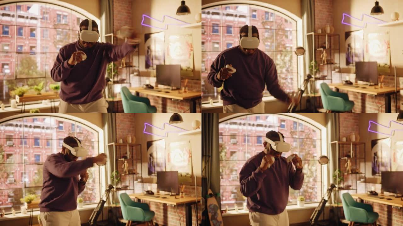 年轻的男性玩家在家里的客厅里玩得很开心，玩虚拟现实游戏。黑人戴着现代耳机，使用控制器。带大窗户的时尚