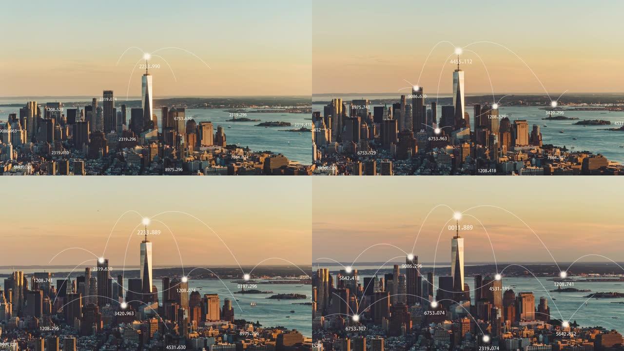 T/L ZI曼哈顿城市天际线和5G网络概念在日落/纽约