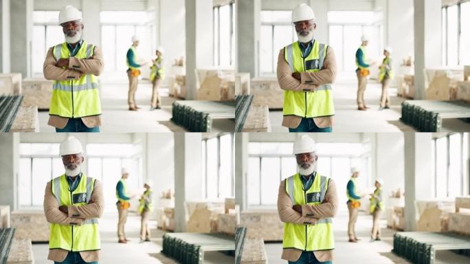 施工，领导和工程师，一名黑人建筑师双臂交叉站在建筑工地上。具有成熟的男性主管及其团队的建筑，设计和经