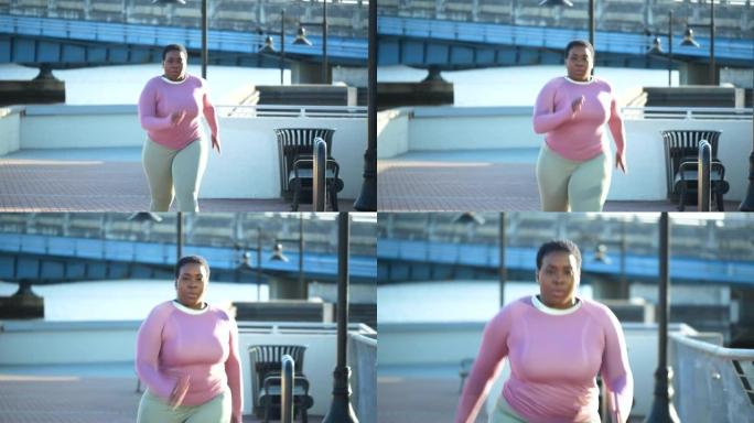 身材庞大，慢跑的非裔美国妇女