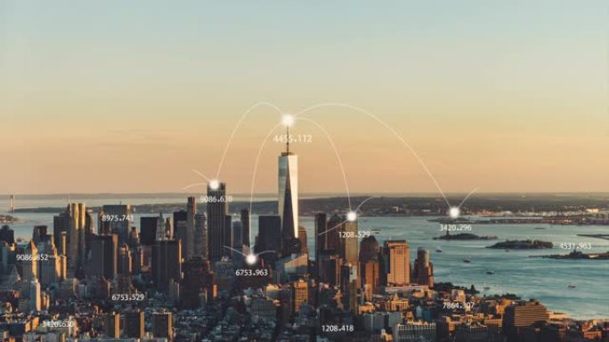 T/L曼哈顿城市天际线和5G网络概念在日落/纽约