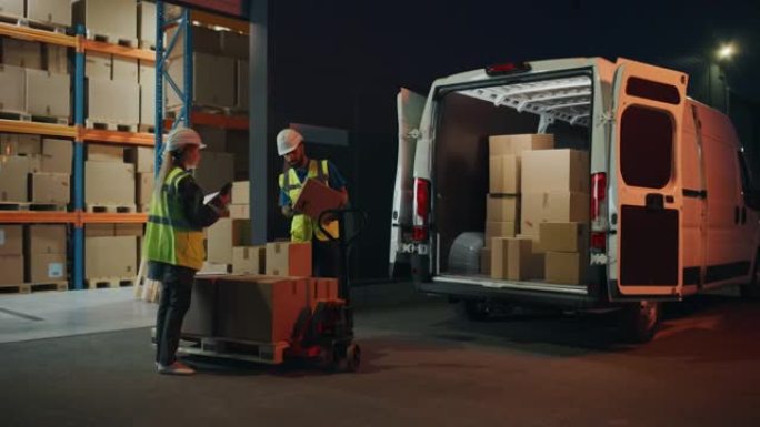 物流零售仓库外: 经理使用平板电脑，与工人用纸板箱装载送货卡车，在线订单，食品，药品供应，电子商务交