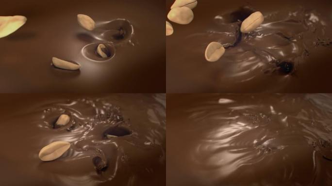 花生在4k超慢动作中溅到液态牛奶巧克力中