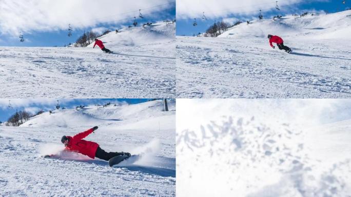 滑雪者在滑雪场上转弯，留下了一团粉雪