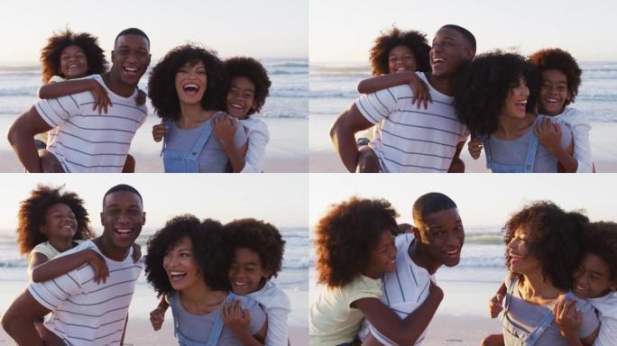 非裔美国人家庭在海滩上一起微笑的肖像