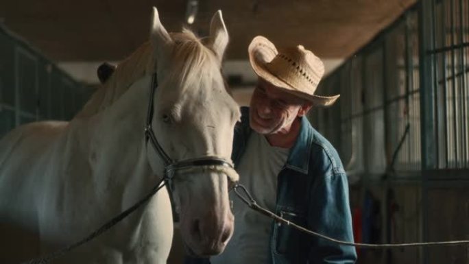 在马stable里与马交谈的高级男性