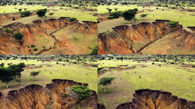 因不良农业实践而被水土流失破坏的土地的鸟瞰图。气候变化与全球变暖