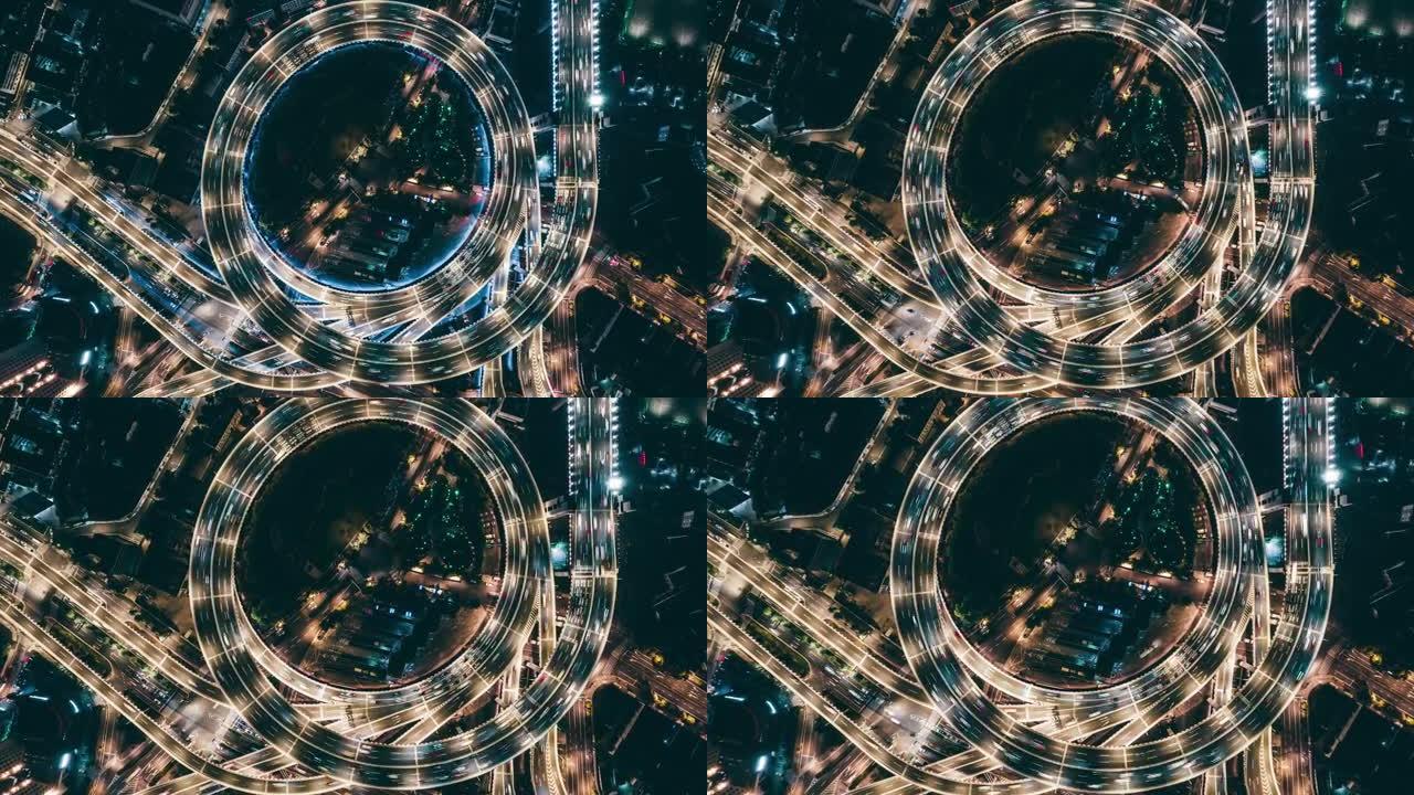 夜间立交桥和城市交通的T/L无人机视点