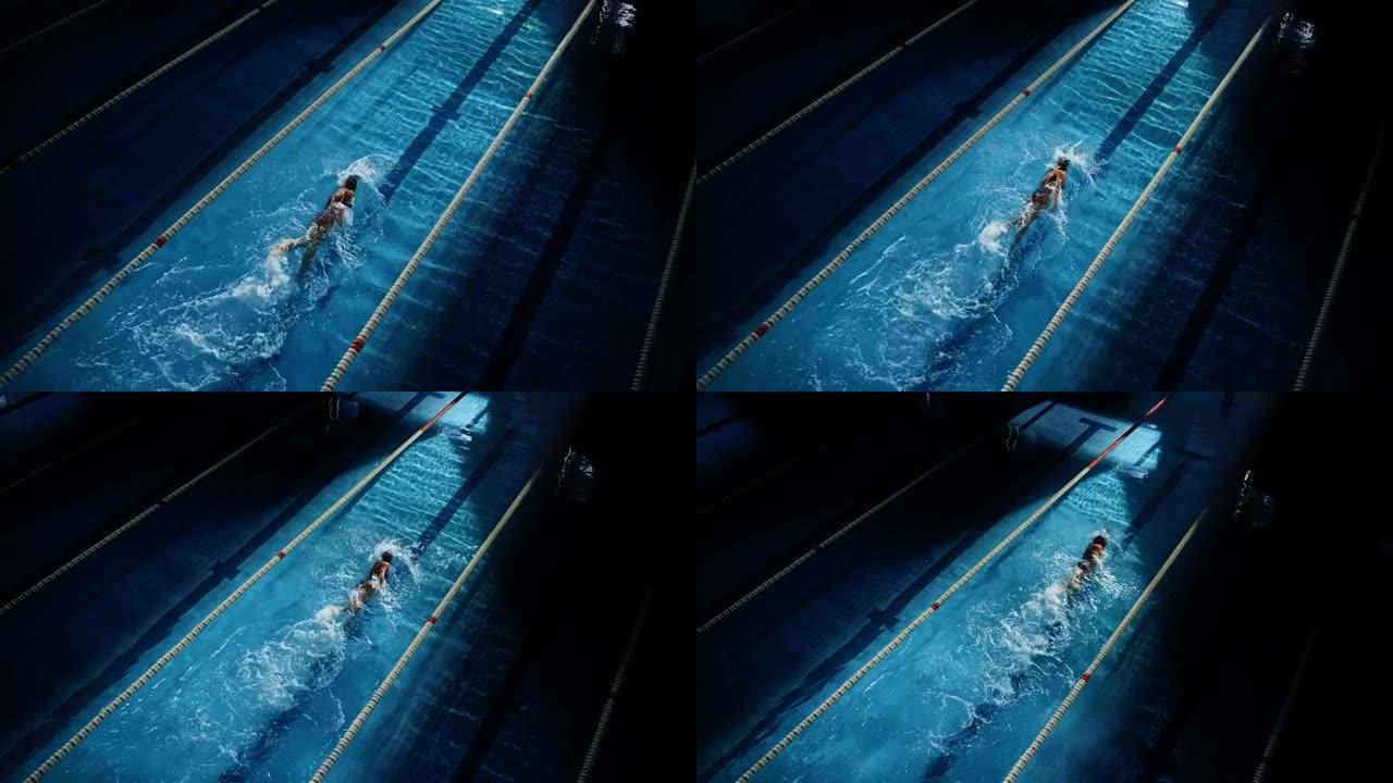 女子游泳运动员在游泳池里比赛。专业运动员在黑暗的戏剧性泳池中克服压力和困难，电影的单圈车道灯光显示出