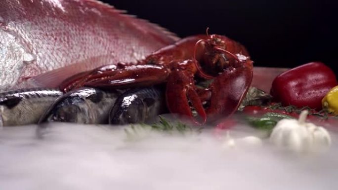 4K UHD: 在黑色背景上关闭加拿大龙虾鲭鱼和鲷鱼的多莉，并带有冰冻的冰冷烟雾。新鲜豪华海鲜和菜单