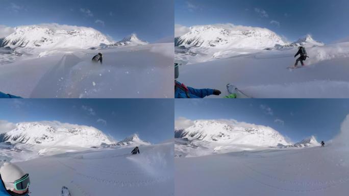 自拍照: 男女旅行者在落基山脉的heliboarding旅行中玩得开心