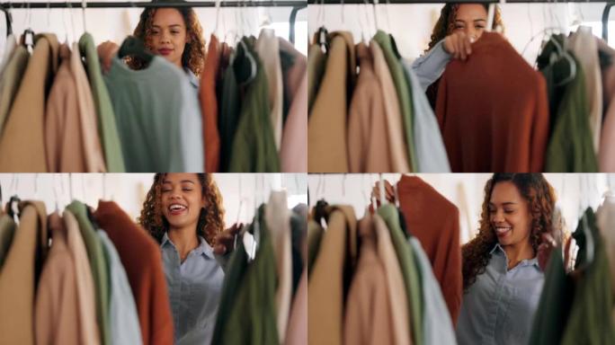 时尚精品店的服装选择、时尚造型师和女孩选择面料服装进行奢侈品零售购物。服装架，款式搜索和黑人女性对衬