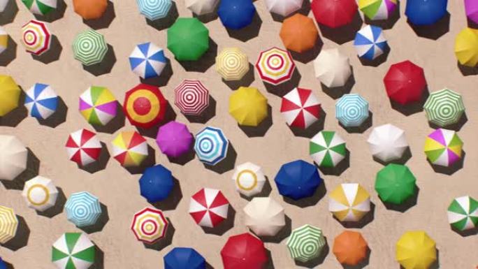 沙滩上的沙滩伞无缝彩色顶视图。许多美丽的雨伞在海边阳光明媚的日子从无人机循环3d动画不同的颜色。暑假