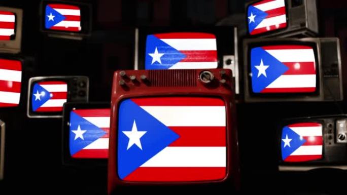 波多黎各国旗和老式电视。4k分辨率。