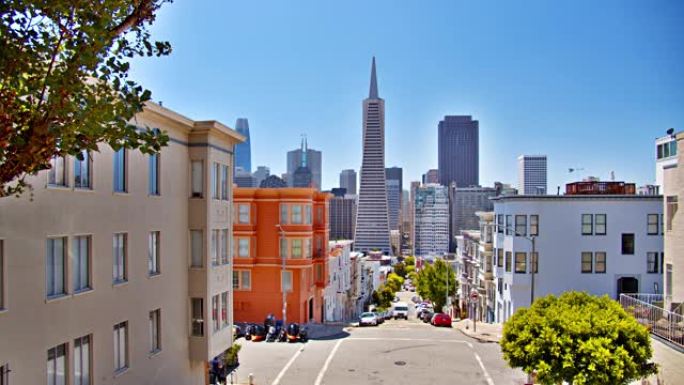 旧金山金融区。城市道路。从住宅区看金融区。对比。