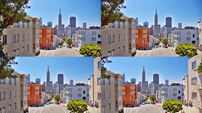 旧金山金融区。城市道路。从住宅区看金融区。对比。