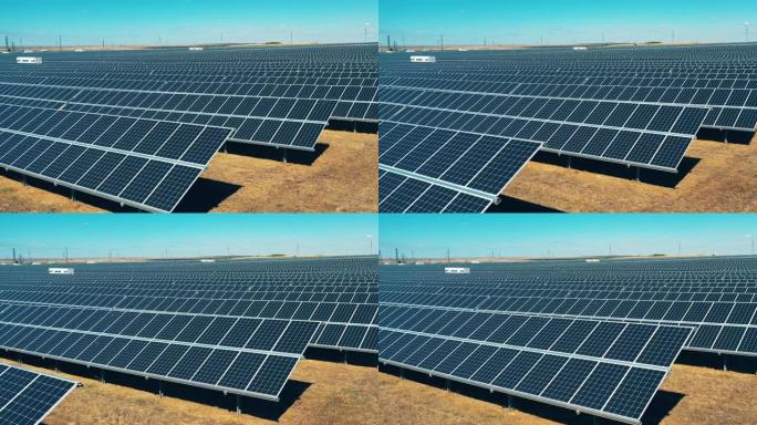 现代太阳能电池板，生态友好型能源生产。太阳能发电厂的电池线路