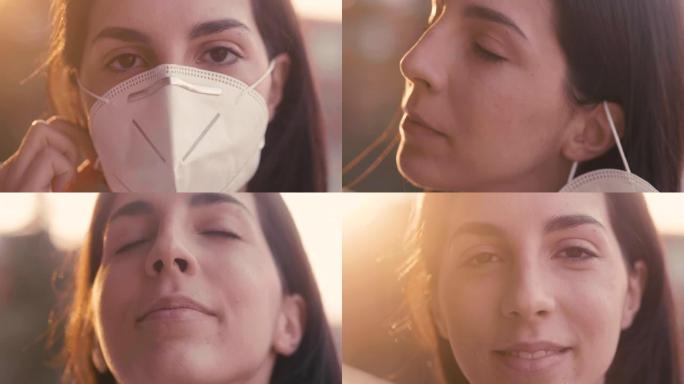 一个年轻女子戴着防护面具，对着镜头看的真实照片。