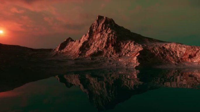 美丽风景的3D可视化。飞越山脚下的湖。