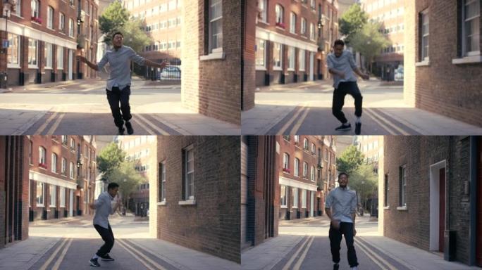 一个年轻人在城市背景下跳舞的4k视频片段