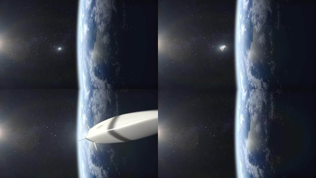 一枚核高超音速导弹飞越地球。从太空看。火箭飞行并旋转。高超音速武器。核战争。4K. 3D动画。