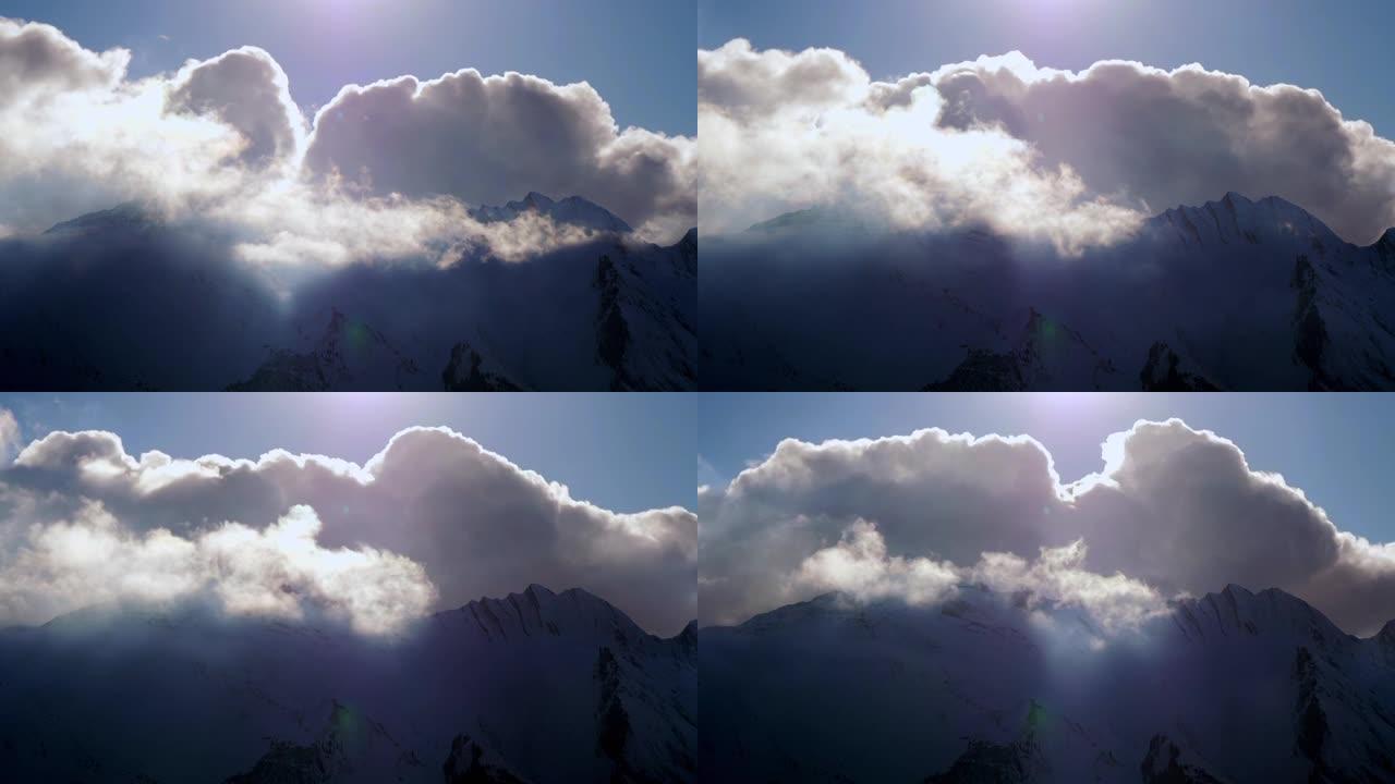 雾云在自然景观上快速移动的时间流逝