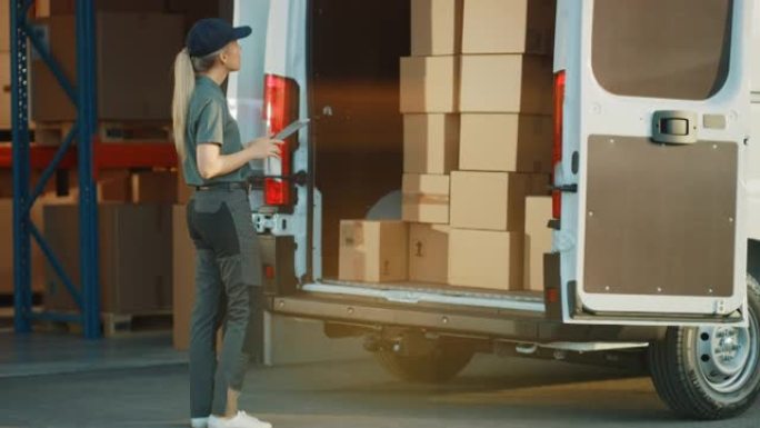 女性库存经理使用平板电脑检查和计数送货卡车中的纸板箱。仓库零售配送中心纸箱，电子商务在线订单