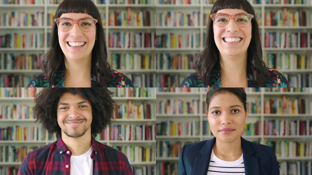 学校图书馆或社区中心学生面部肖像的拼贴画。代表大学多样性的男女大学生群体的特写头像，蒙太奇，系列和组