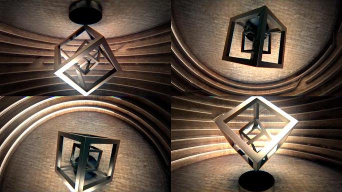 立方体框架的弧光拍摄，一个在另一个内部旋转，在相机环绕的未来派房间中旋转