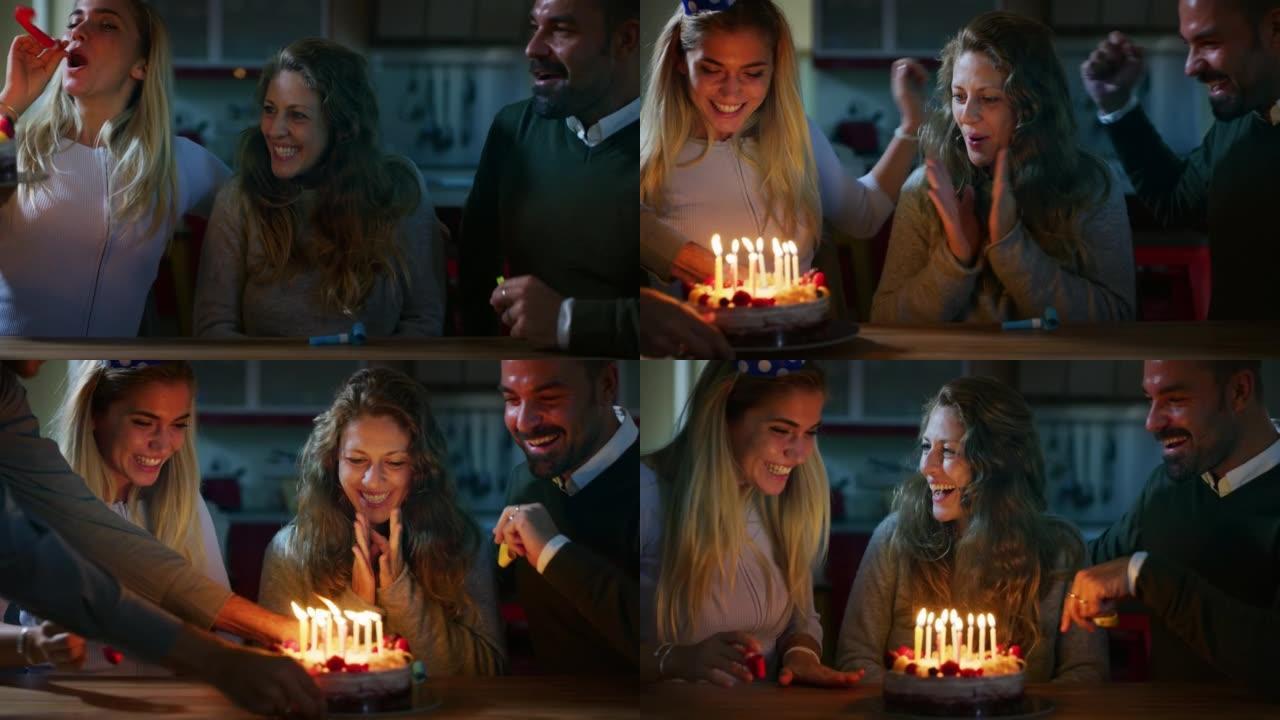 真实的快乐朋友的照片在他们的朋友生日庆祝聚会上在家里玩得很开心。生日男子正在吹着蛋糕的蜡烛。友谊，假