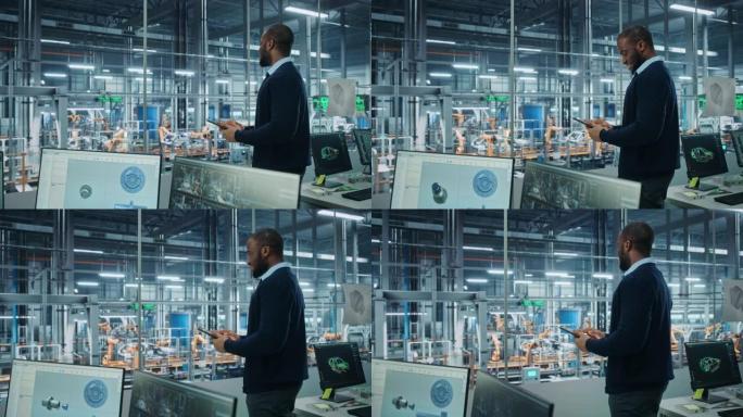 汽车厂办公室: 成功微笑的黑人男总工程师肖像在自动化机器人手臂装配线上使用平板电脑制造高科技电动汽车
